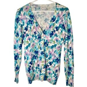 GAP Floral Blue Purple Pink V-Neck Women's Sweater 100% Cotton Size Small